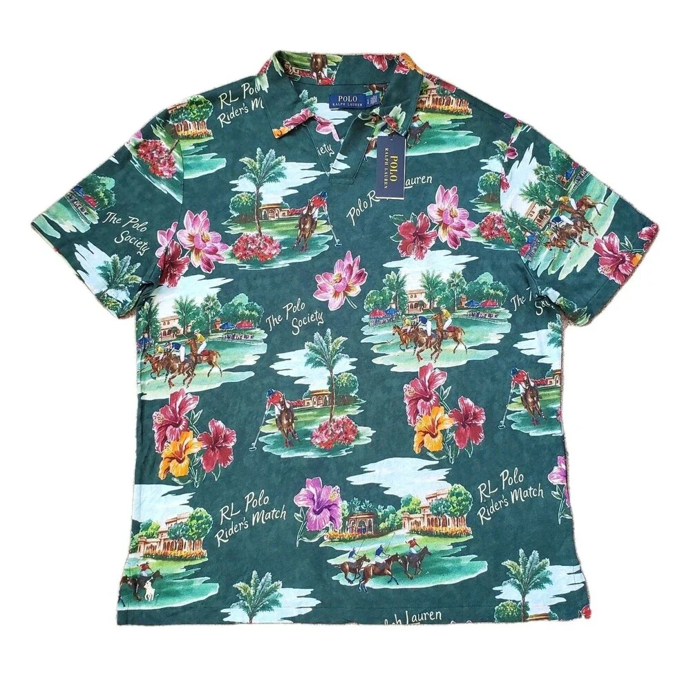 NWT Polo Ralph Lauren Floral Paradise Player Large Linen Blend Mens Polo Shirt